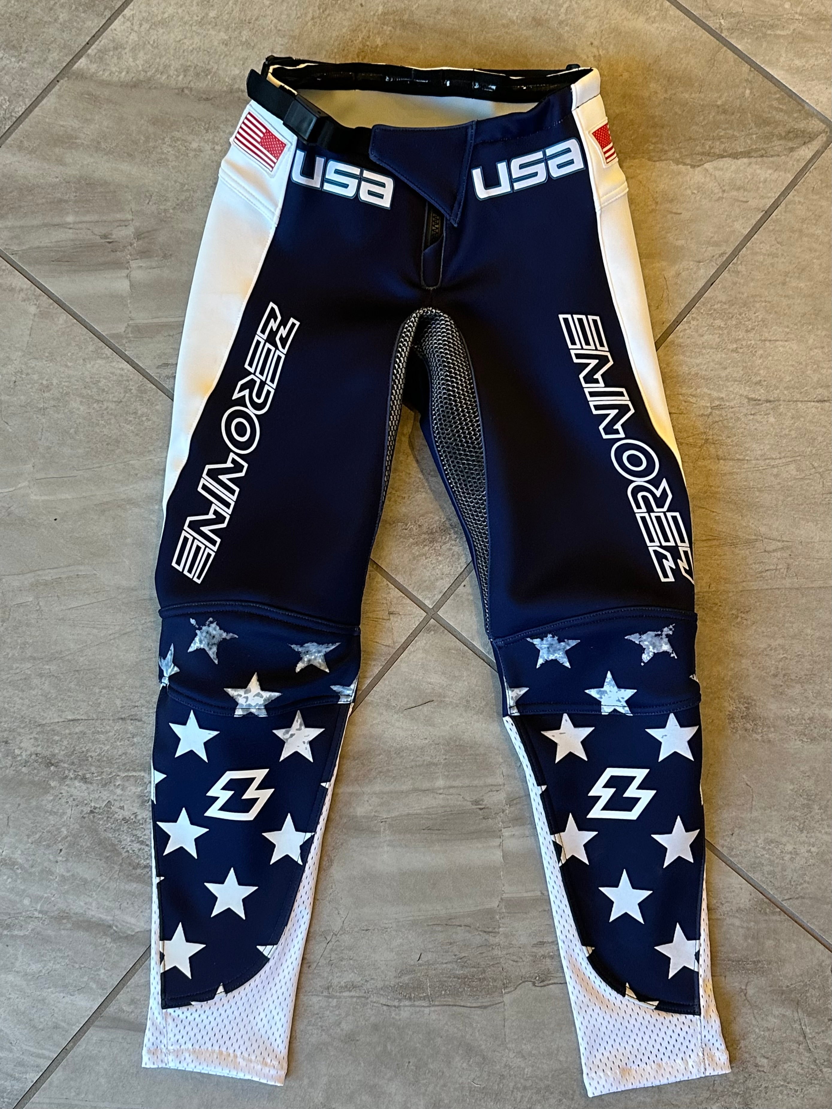 BMX race pants with American flag design.